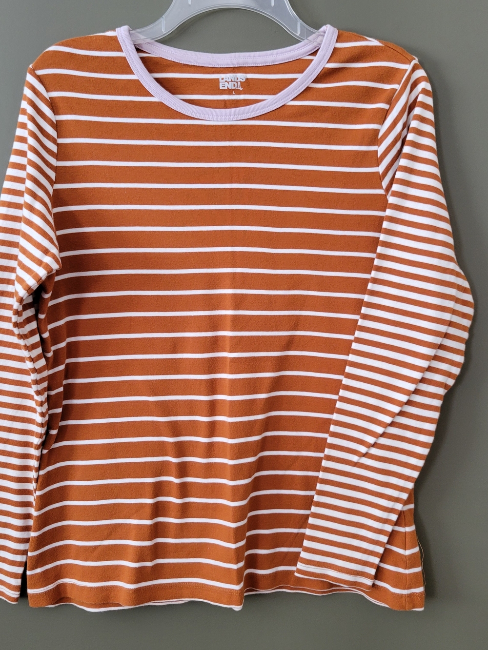 Lands' End Rust-Orange/Brown & White Striped Long Sleeve Tee